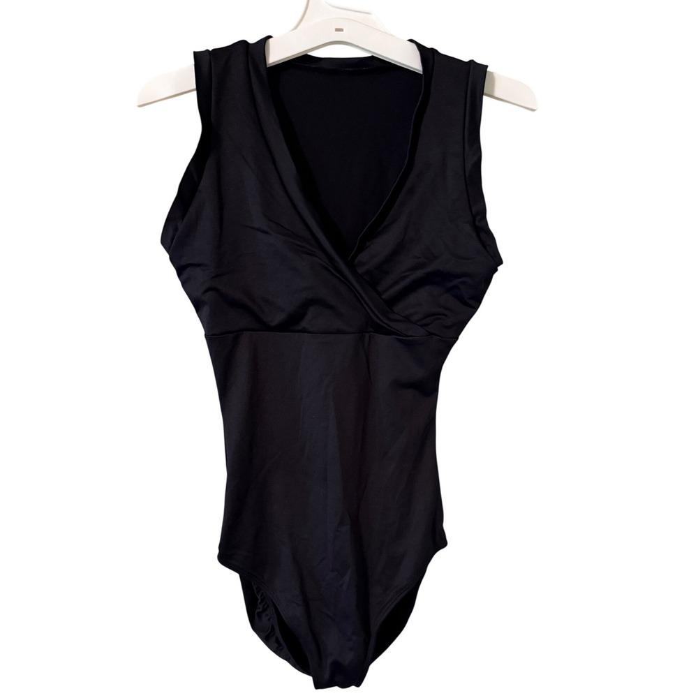 Eurotard Black Microfiber Lycra Surplice Wrap Front Sleeveless Dance Leotard L